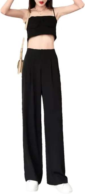 Women Summer Soft High Waist Wide-Leg Pants Casual Thin Suit Trousers