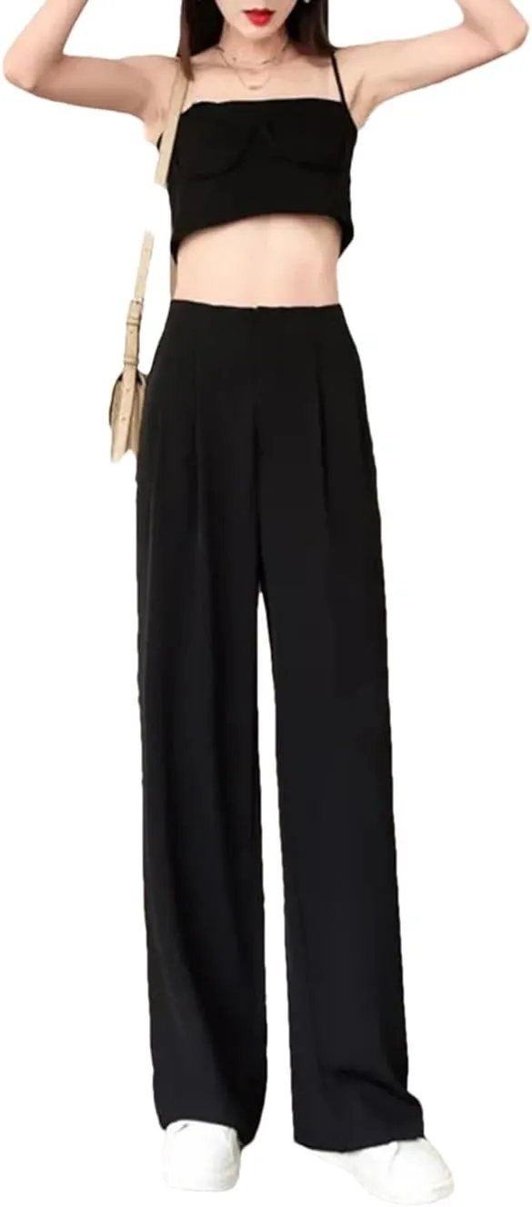 Women Summer Soft High Waist Wide-Leg Pants Casual Thin Suit Trousers