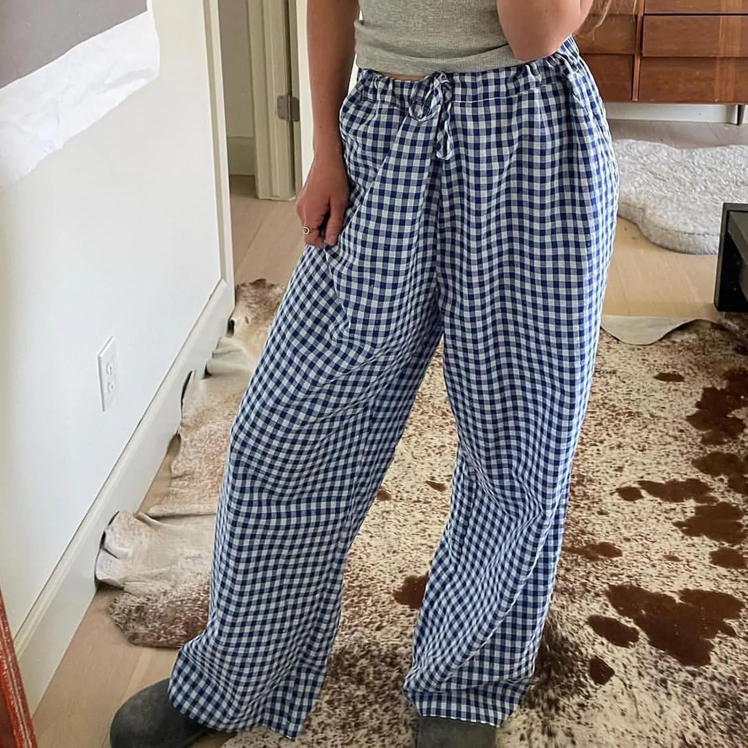 Women Y2k Plaid Print Long Pants Side Tie Bow Wide Leg Pants High Waist Gingham Trousers Lounge Pants