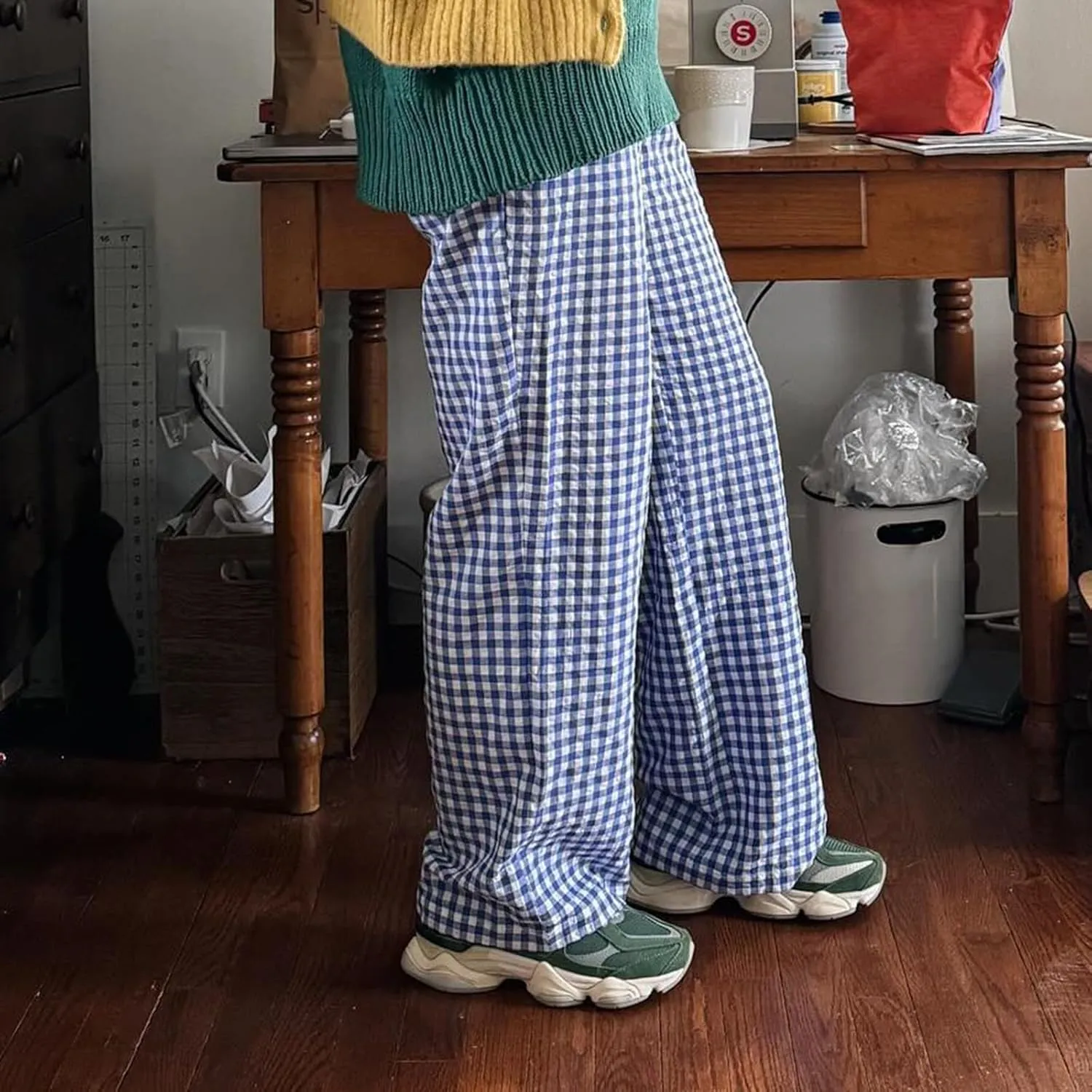 Women Y2k Plaid Print Long Pants Side Tie Bow Wide Leg Pants High Waist Gingham Trousers Lounge Pants