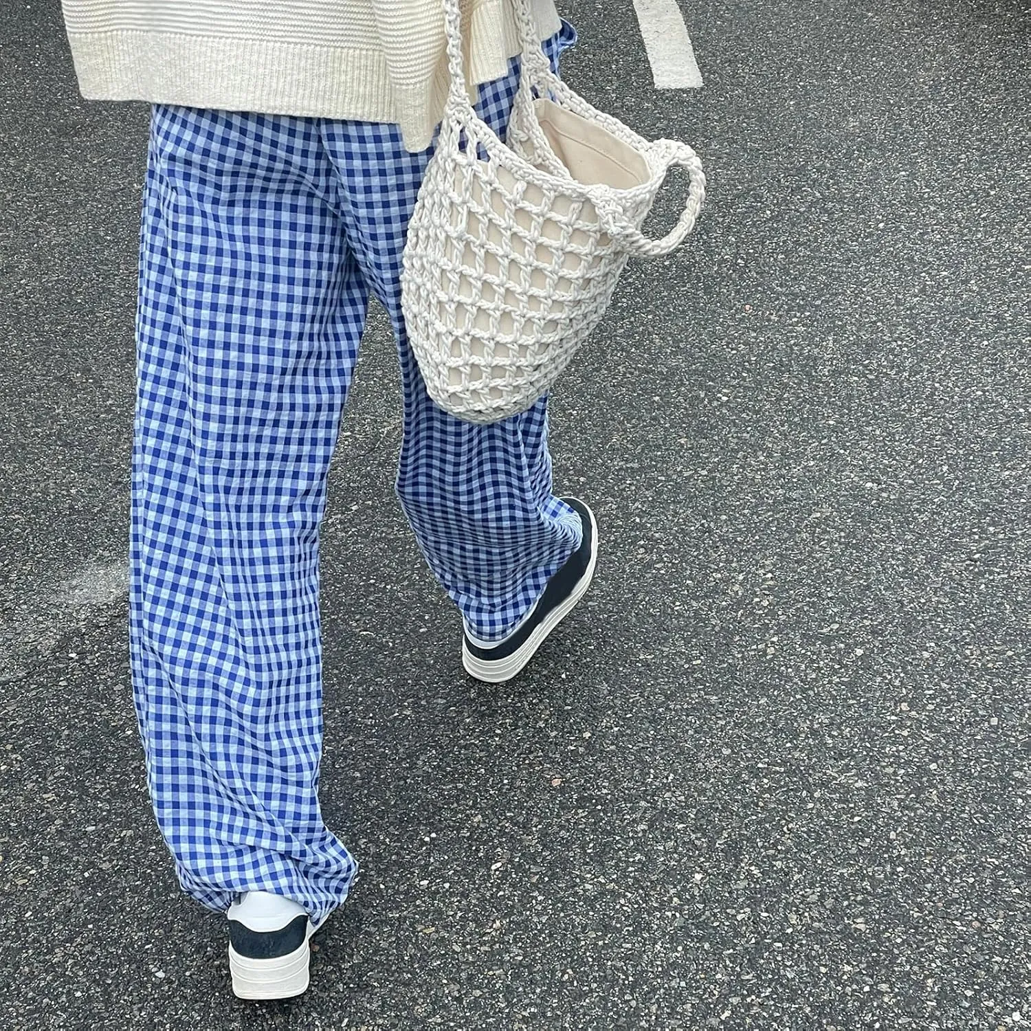 Women Y2k Plaid Print Long Pants Side Tie Bow Wide Leg Pants High Waist Gingham Trousers Lounge Pants