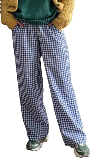 Women Y2k Plaid Print Long Pants Side Tie Bow Wide Leg Pants High Waist Gingham Trousers Lounge Pants