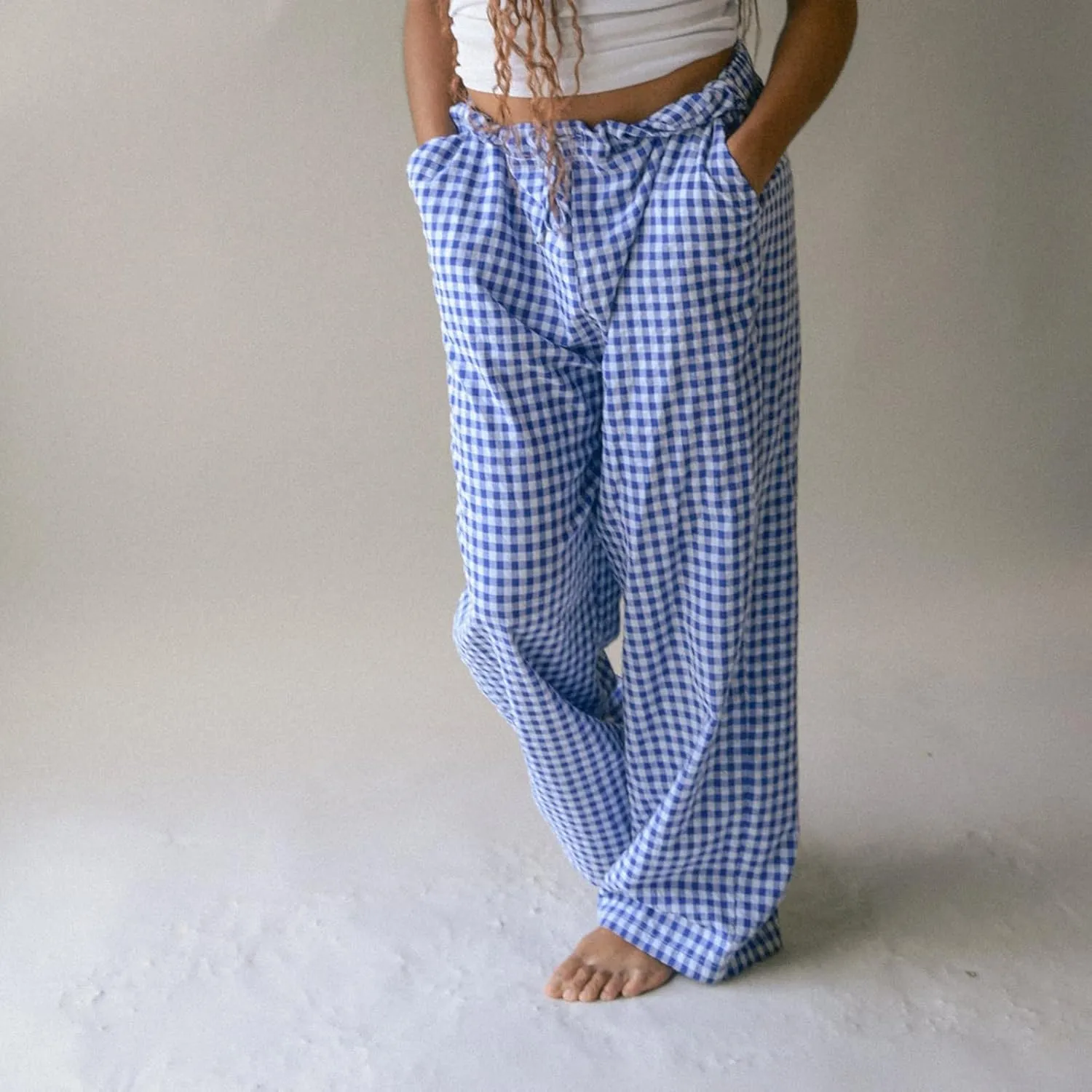 Women Y2k Plaid Print Long Pants Side Tie Bow Wide Leg Pants High Waist Gingham Trousers Lounge Pants