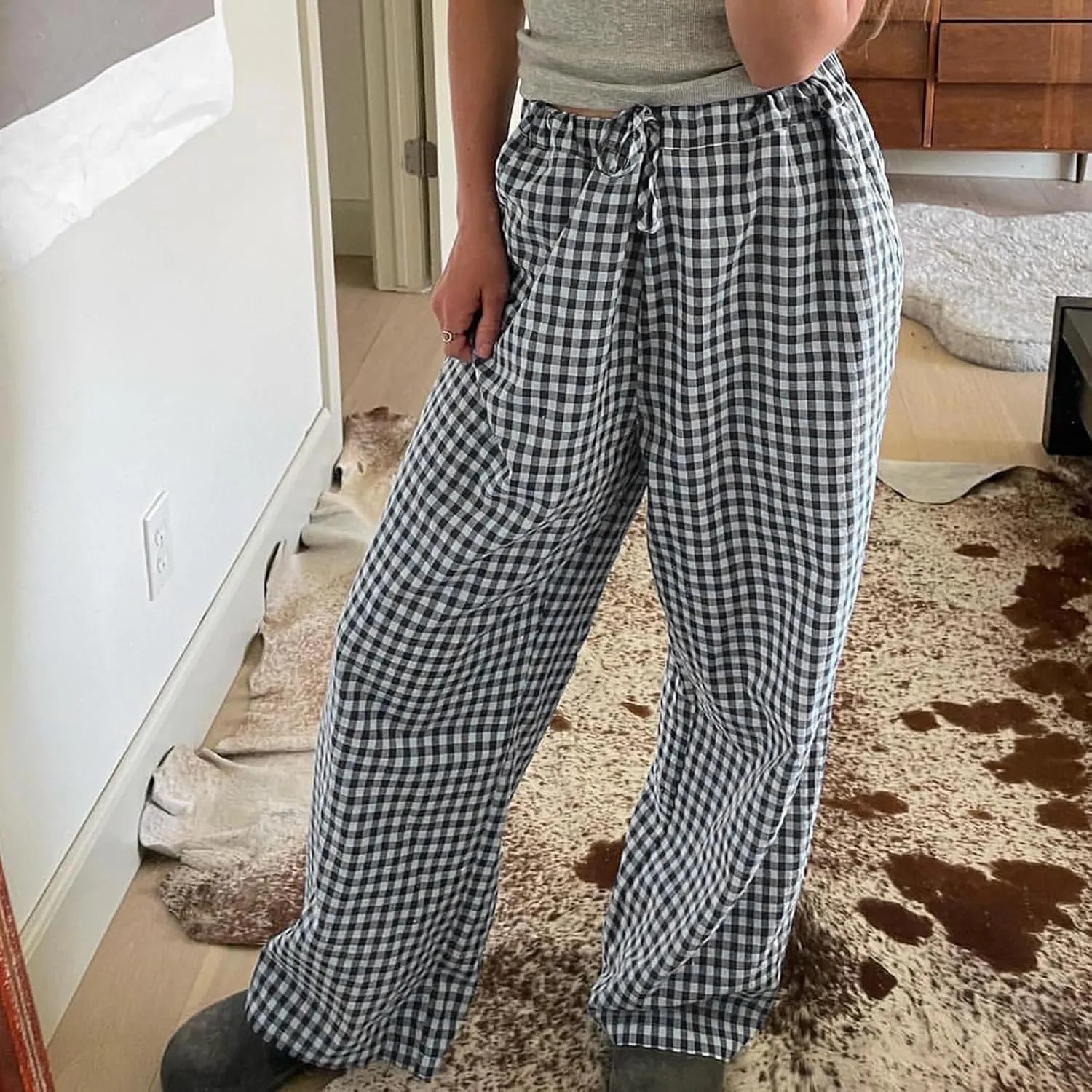 Women Y2k Plaid Print Long Pants Side Tie Bow Wide Leg Pants High Waist Gingham Trousers Lounge Pants