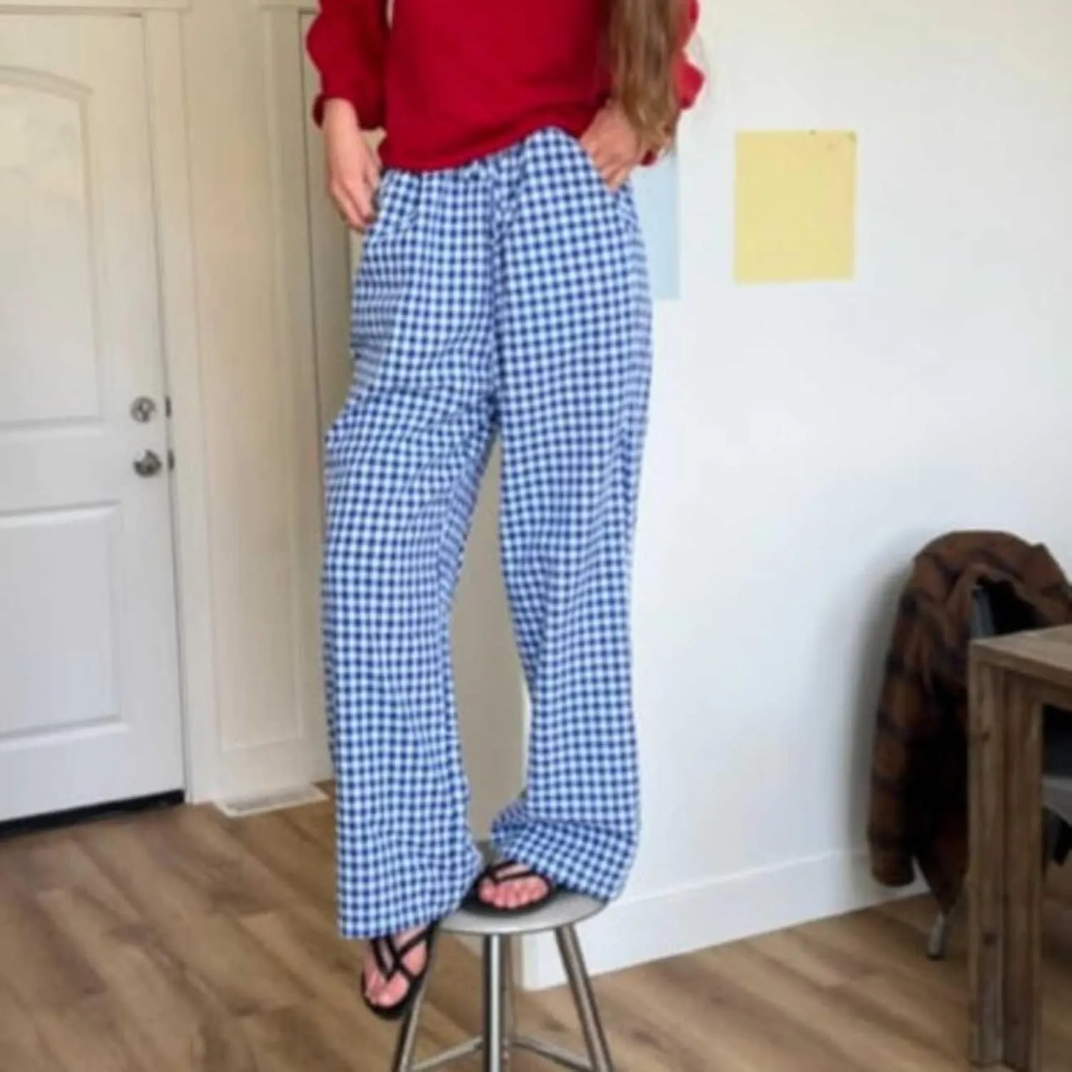 Women Y2k Plaid Print Long Pants Side Tie Bow Wide Leg Pants High Waist Gingham Trousers Lounge Pants
