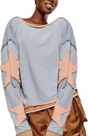 Women Y2k Star Graphic Sweatshirt Oversized Crewneck Long Sleeve Sweater Shirt Aesthetic Vintage Sweatshirt Hoodie