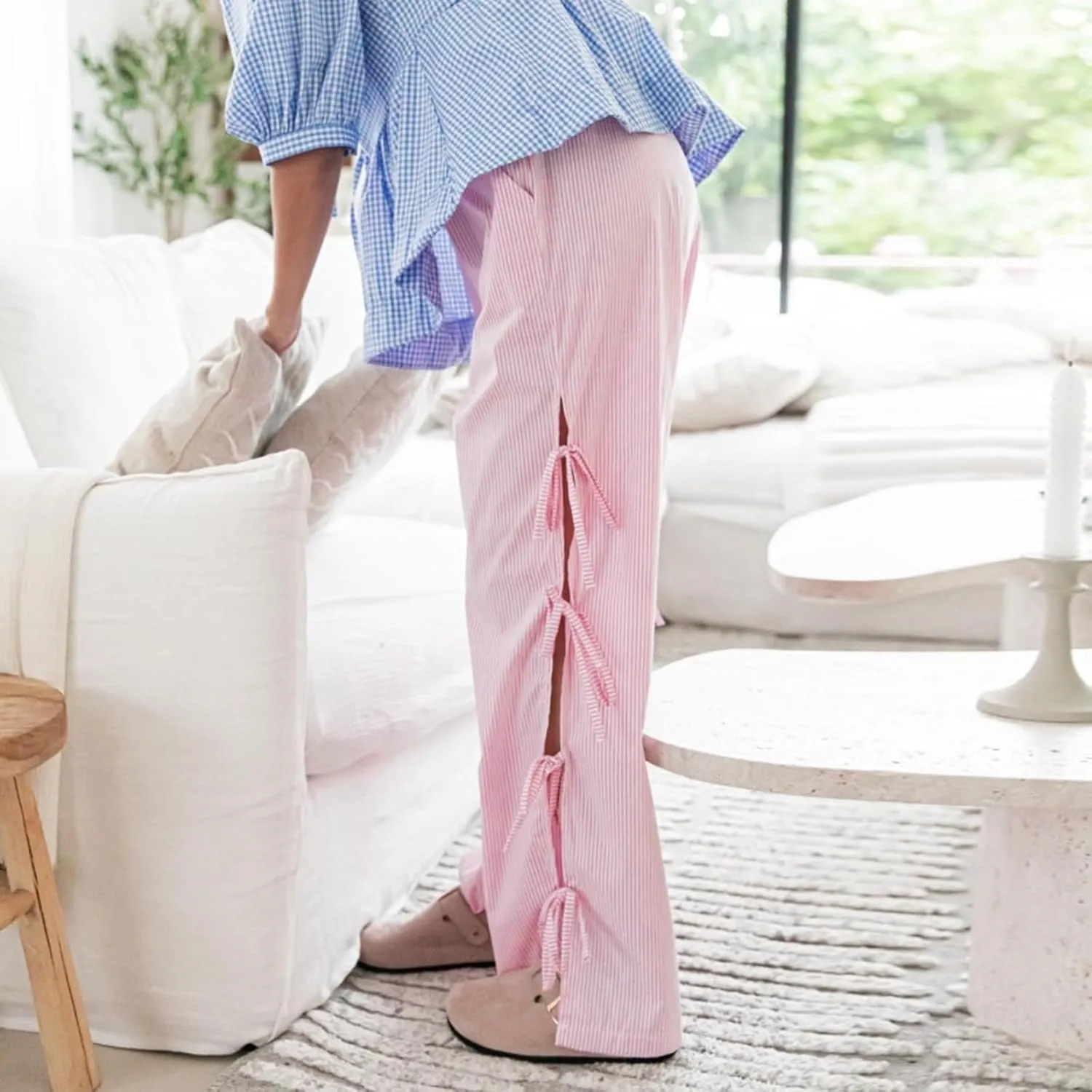Women Y2k Striped Long Pants Bow Tie Side Slit Wide Leg Lounge Pants Gingham Bottom Plaid Checkered Sweatpants