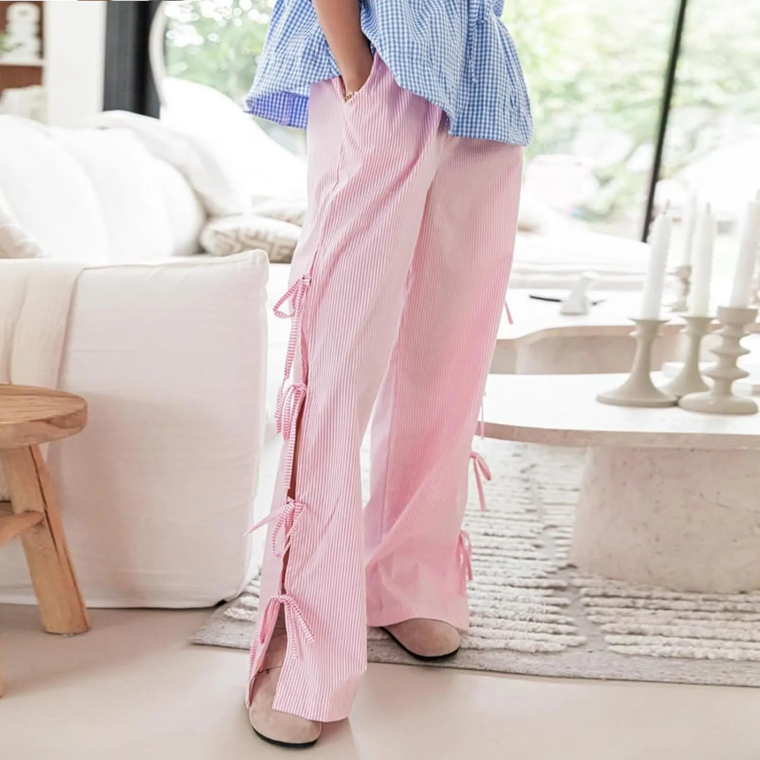 Women Y2k Striped Long Pants Bow Tie Side Slit Wide Leg Lounge Pants Gingham Bottom Plaid Checkered Sweatpants