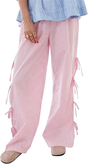 Women Y2k Striped Long Pants Bow Tie Side Slit Wide Leg Lounge Pants Gingham Bottom Plaid Checkered Sweatpants