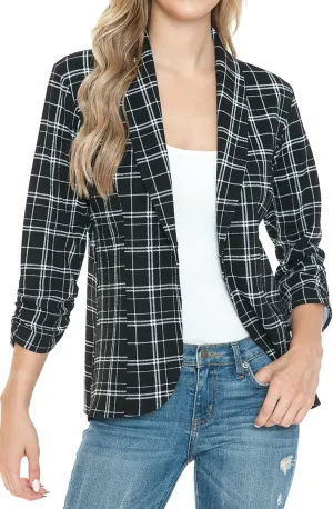 Women's 3/4 Ruched Sleeve Lightweight Work Office Blazer Jacket (S-3XL)