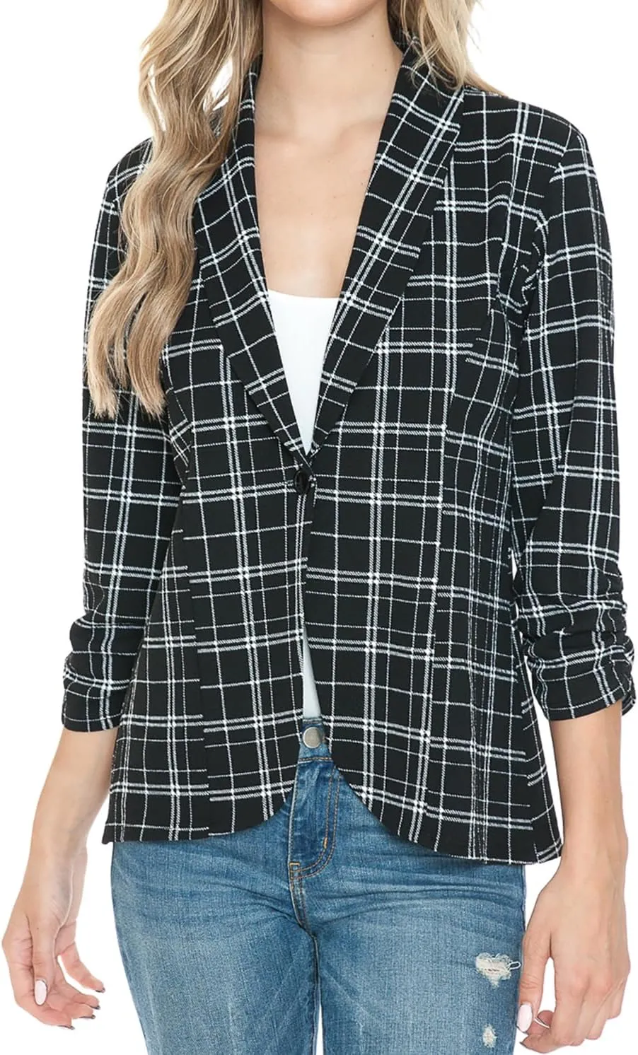 Women's 3/4 Ruched Sleeve Lightweight Work Office Blazer Jacket (S-3XL)