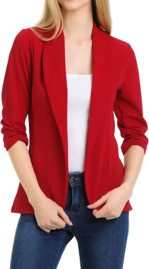 Women's 3/4 Ruched Sleeve Lightweight Work Office Blazer Jacket (S-3XL)