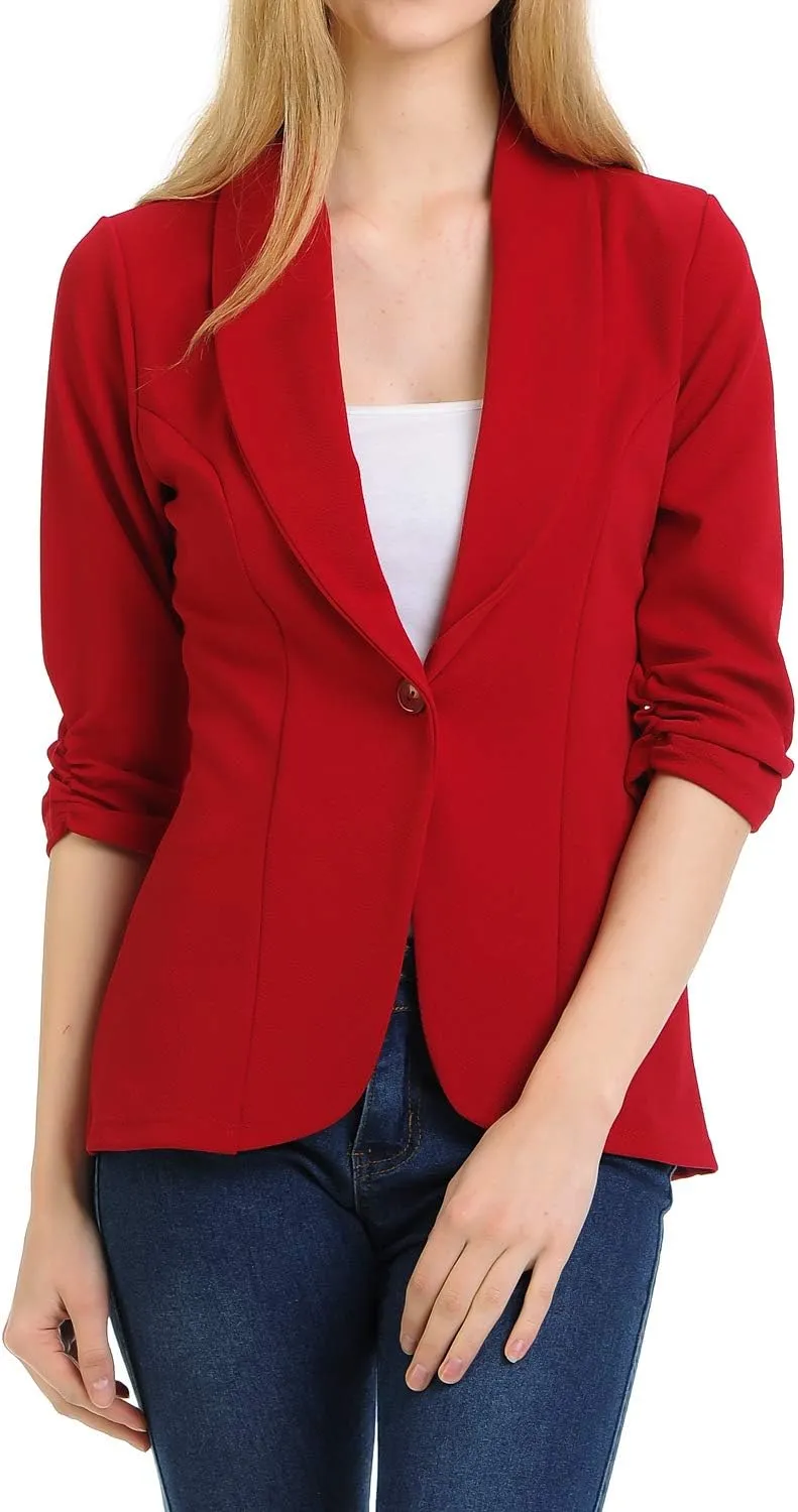 Women's 3/4 Ruched Sleeve Lightweight Work Office Blazer Jacket (S-3XL)
