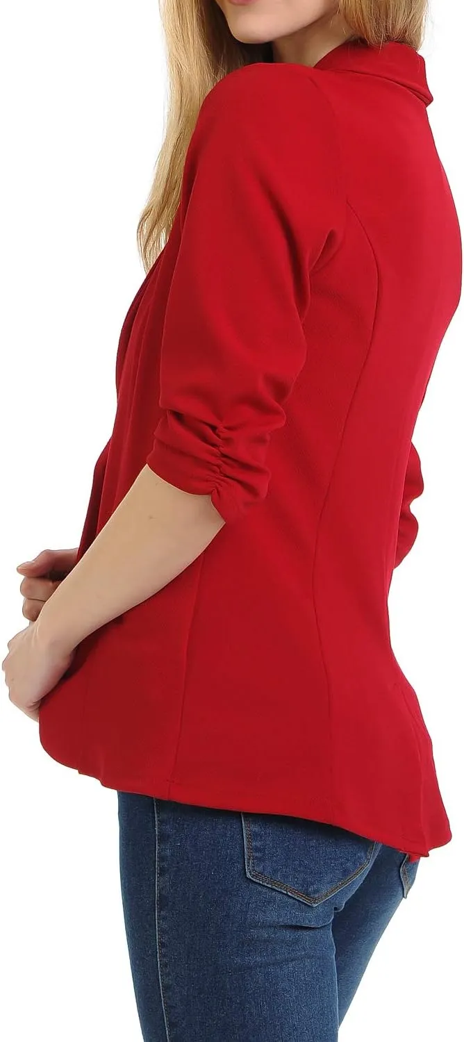 Women's 3/4 Ruched Sleeve Lightweight Work Office Blazer Jacket (S-3XL)
