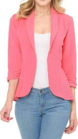 Women's 3/4 Ruched Sleeve Lightweight Work Office Blazer Jacket (S-3XL)