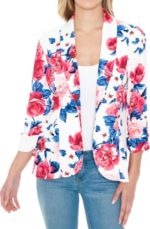 Women's 3/4 Ruched Sleeve Lightweight Work Office Blazer Jacket (S-3XL)