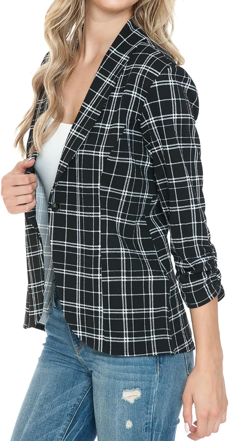 Women's 3/4 Ruched Sleeve Lightweight Work Office Blazer Jacket (S-3XL)