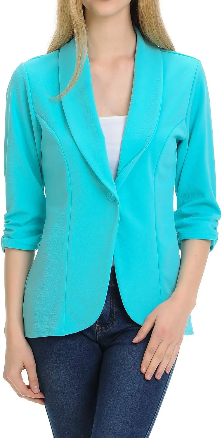 Women's 3/4 Ruched Sleeve Lightweight Work Office Blazer Jacket (S-3XL)