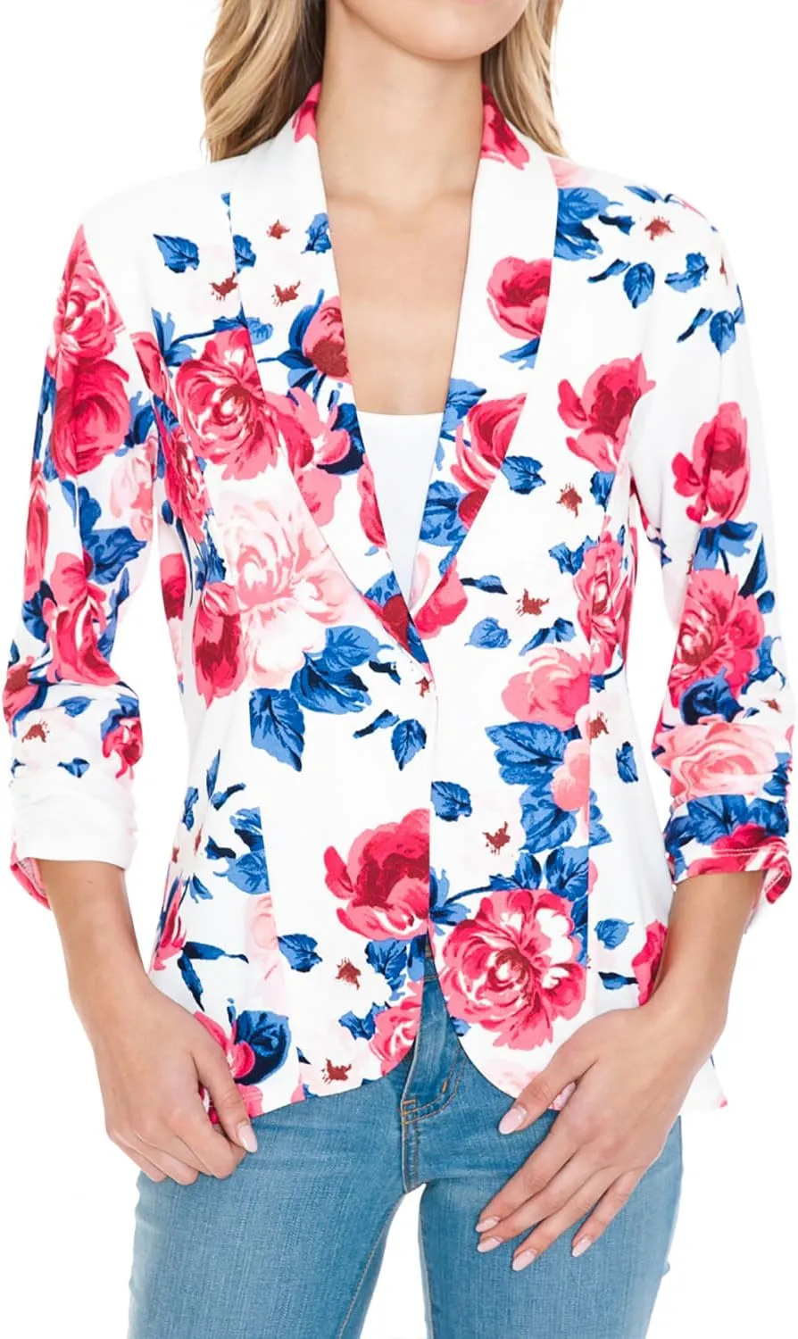 Women's 3/4 Ruched Sleeve Lightweight Work Office Blazer Jacket (S-3XL)