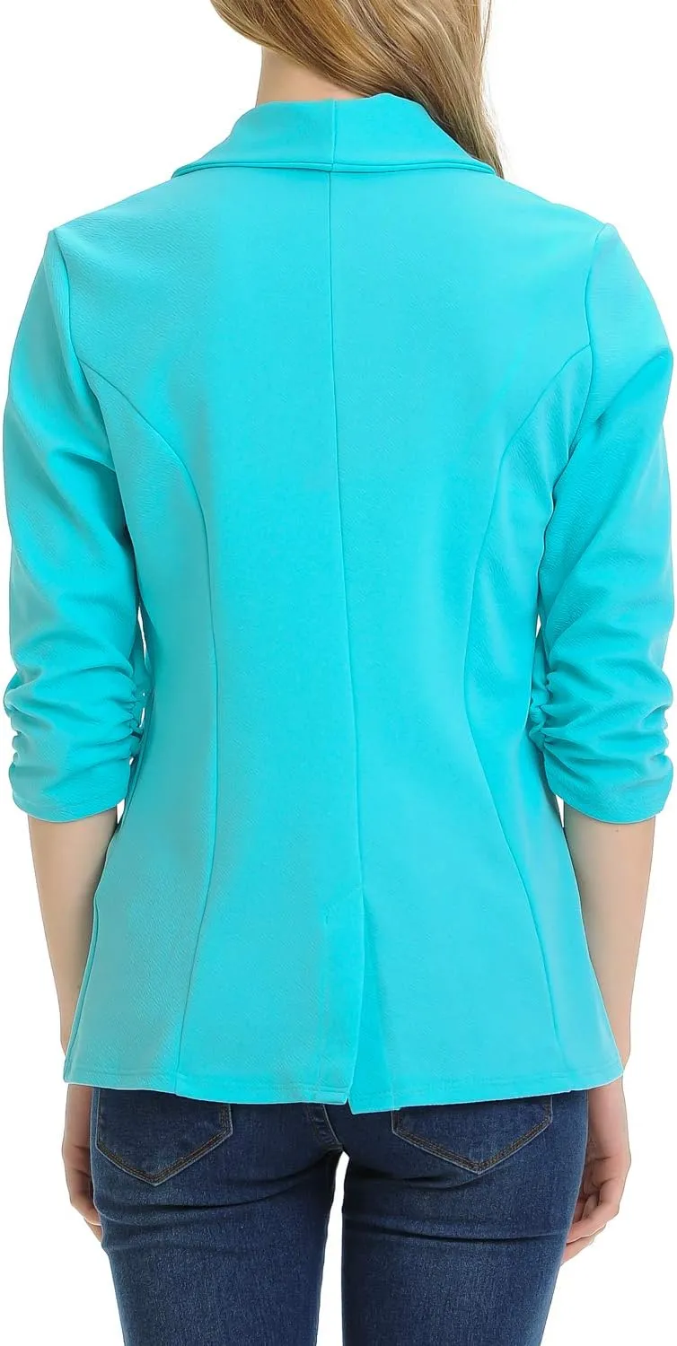 Women's 3/4 Ruched Sleeve Lightweight Work Office Blazer Jacket (S-3XL)