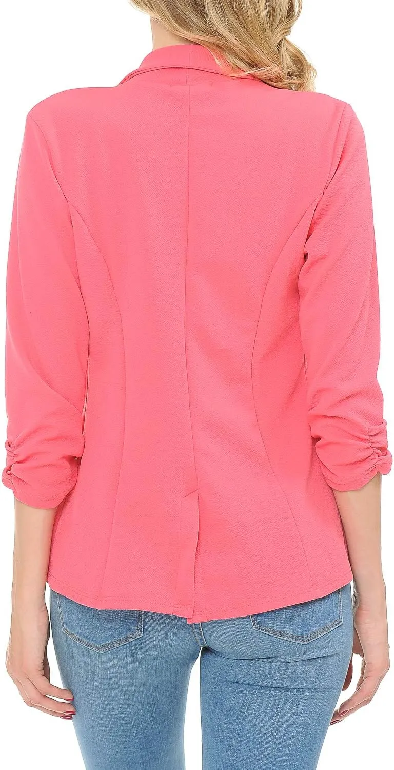 Women's 3/4 Ruched Sleeve Lightweight Work Office Blazer Jacket (S-3XL)