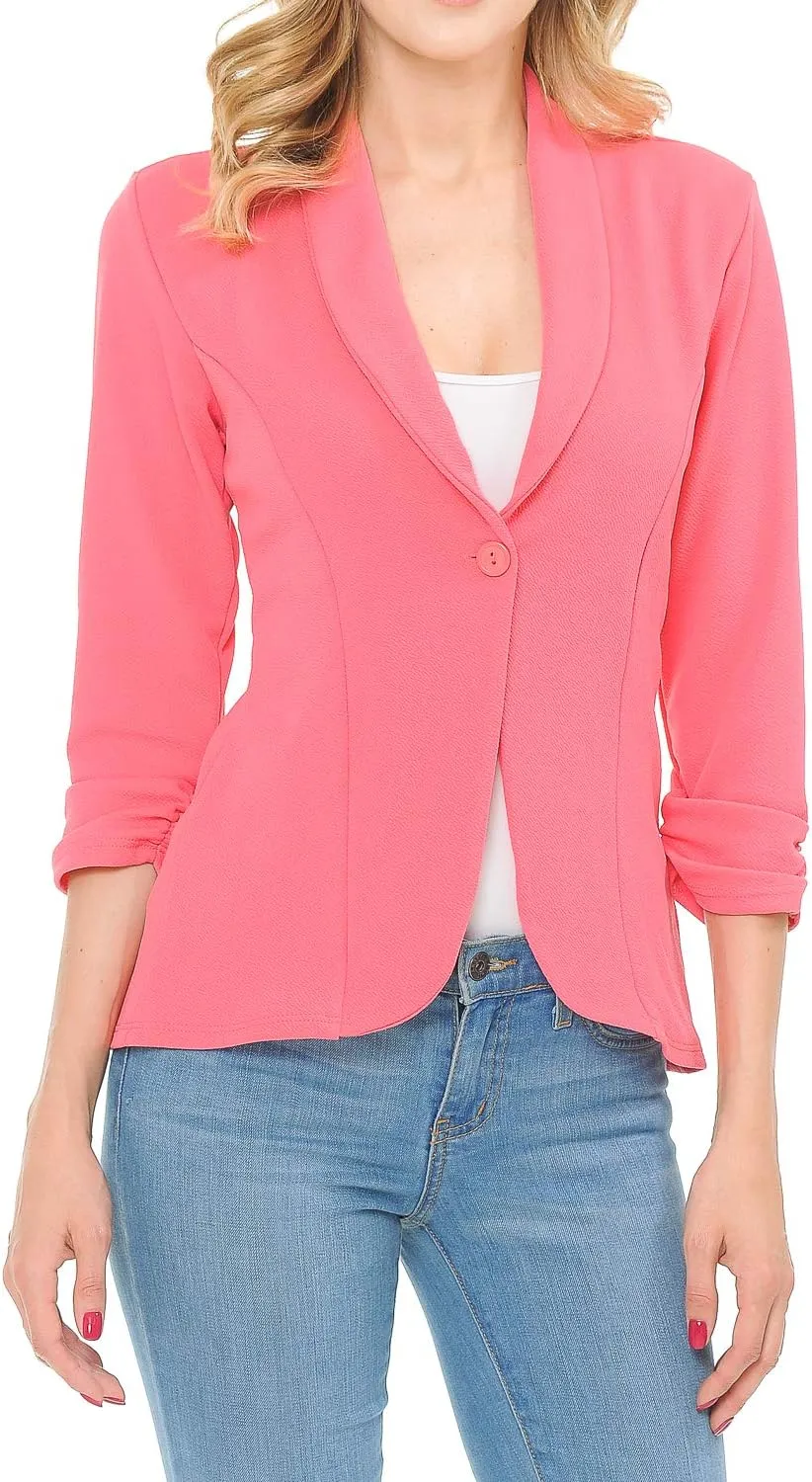 Women's 3/4 Ruched Sleeve Lightweight Work Office Blazer Jacket (S-3XL)