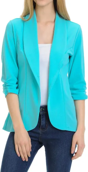 Women's 3/4 Ruched Sleeve Lightweight Work Office Blazer Jacket (S-3XL)