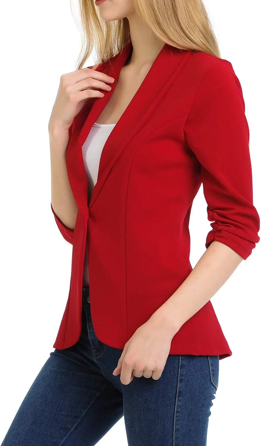 Women's 3/4 Ruched Sleeve Lightweight Work Office Blazer Jacket (S-3XL)