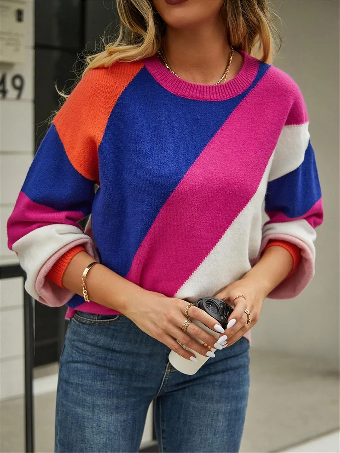Womens Autumn Winter Sweaters Warm Comfortable Pullovers Casual Cardigans Ladies Striped Round Neck Fashion Sweater