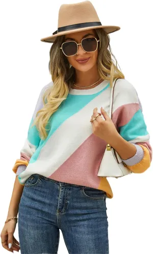 Womens Autumn Winter Sweaters Warm Comfortable Pullovers Casual Cardigans Ladies Striped Round Neck Fashion Sweater