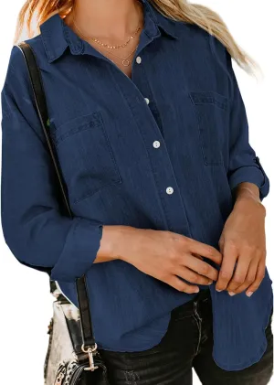Womens Button Down Denim Shirt Casual Lapel Collar Rolled Up Long Sleeve Loose Jean Shirts with Pockets Solid Color