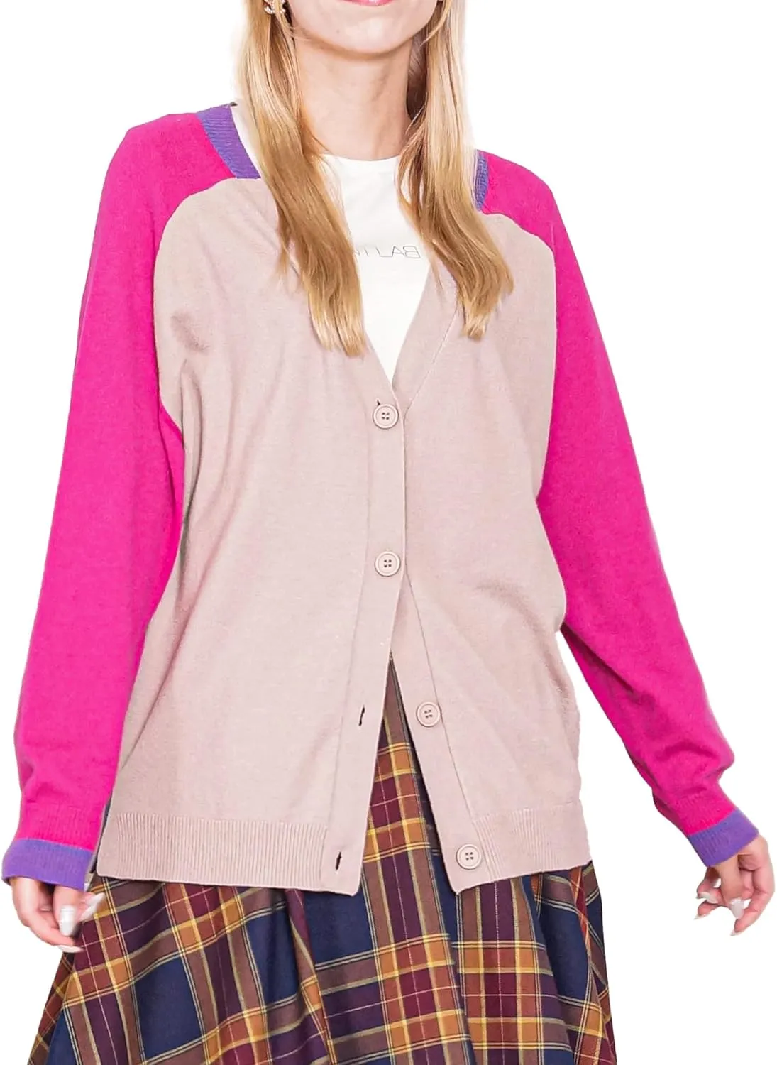 Women's Cardigan Multicolor Block Design Soft and Comfortable Button Down Sweater in Catchy Color Scheme