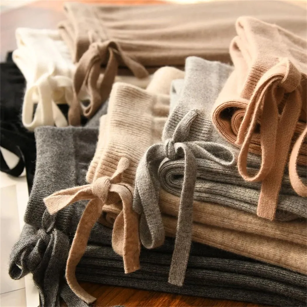 Women's Cashmere Wide Leg Pants Winter Basic Soft Warm Casual Trousers 100% Merino Wool Knitwear Pants