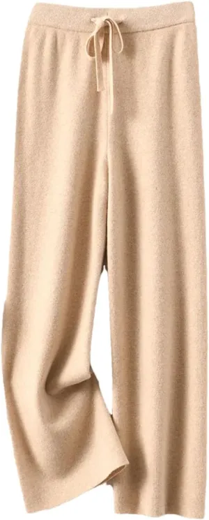 Women's Cashmere Wide Leg Pants Winter Basic Soft Warm Casual Trousers 100% Merino Wool Knitwear Pants