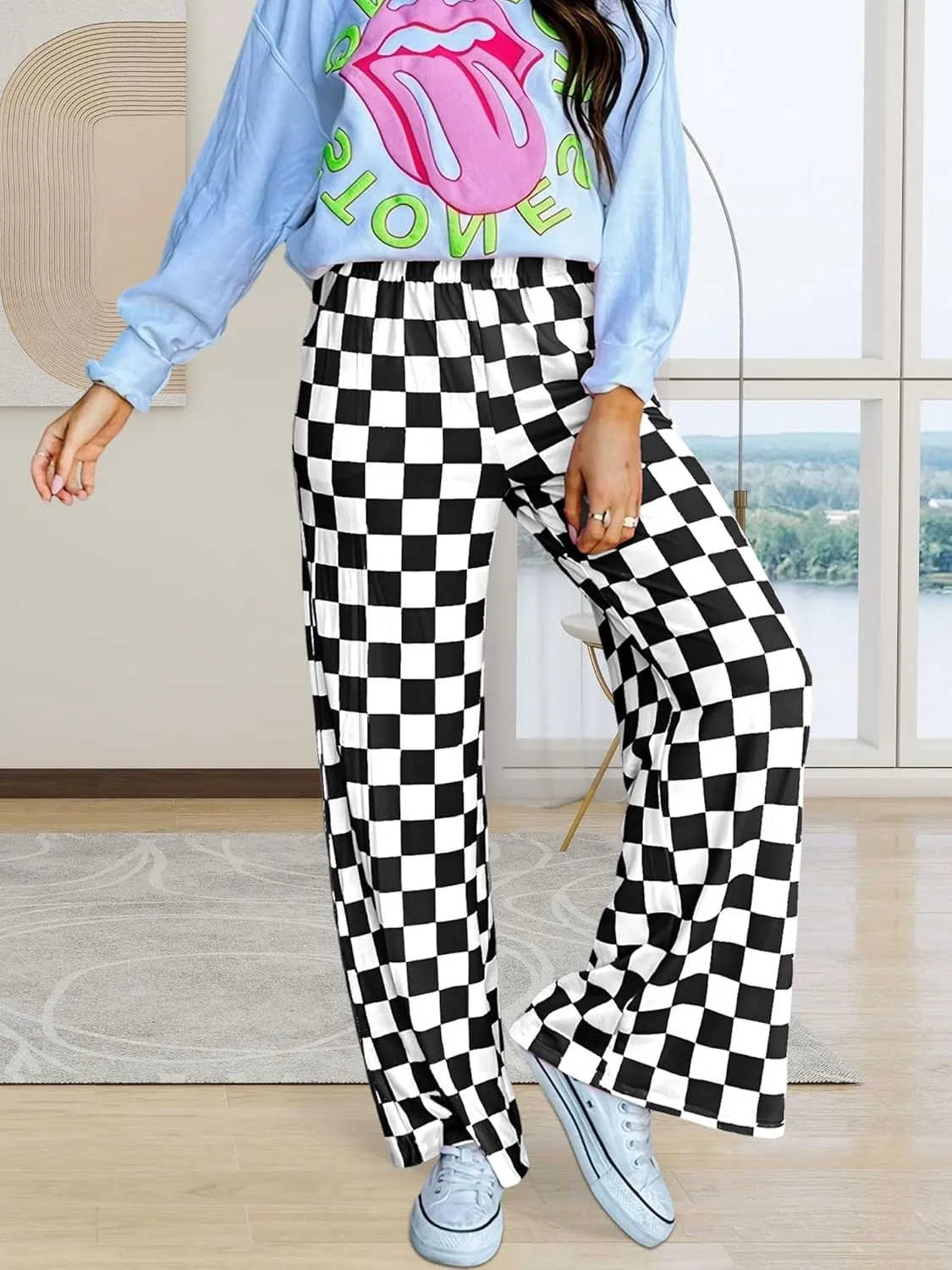 Womens Checkered Pants Y2K Pajama Pants Elastic Waist Wide Leg Lounge Pants Comfy Pj Bottoms with Pockets Loungewear