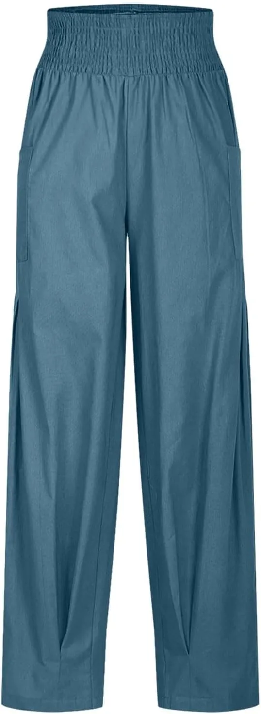 Women's Cotton Linen Bohemian Pants Summer Casual Loose High Waist Harem Pant Beach Vacation Cargo Lounge Trouser