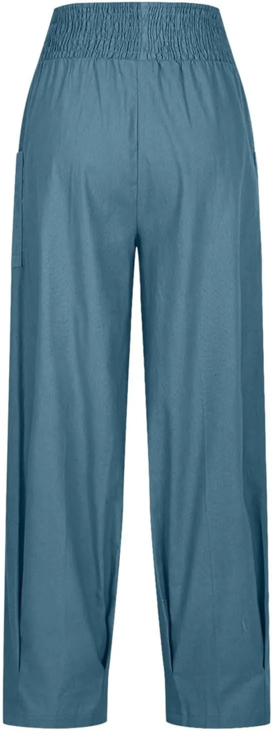 Women's Cotton Linen Bohemian Pants Summer Casual Loose High Waist Harem Pant Beach Vacation Cargo Lounge Trouser