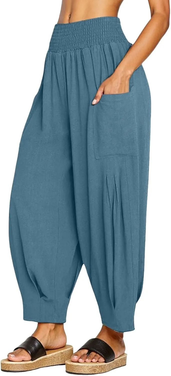 Women's Cotton Linen Bohemian Pants Summer Casual Loose High Waist Harem Pant Beach Vacation Cargo Lounge Trouser