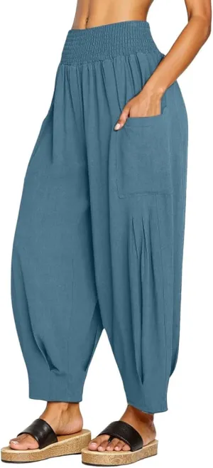 Women's Cotton Linen Bohemian Pants Summer Casual Loose High Waist Harem Pant Beach Vacation Cargo Lounge Trouser