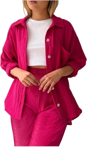 Women's Fashion Trousers Set Comfortable Wide Leg Pants Stylish Blouse Casual Outfit for Everyday Wear