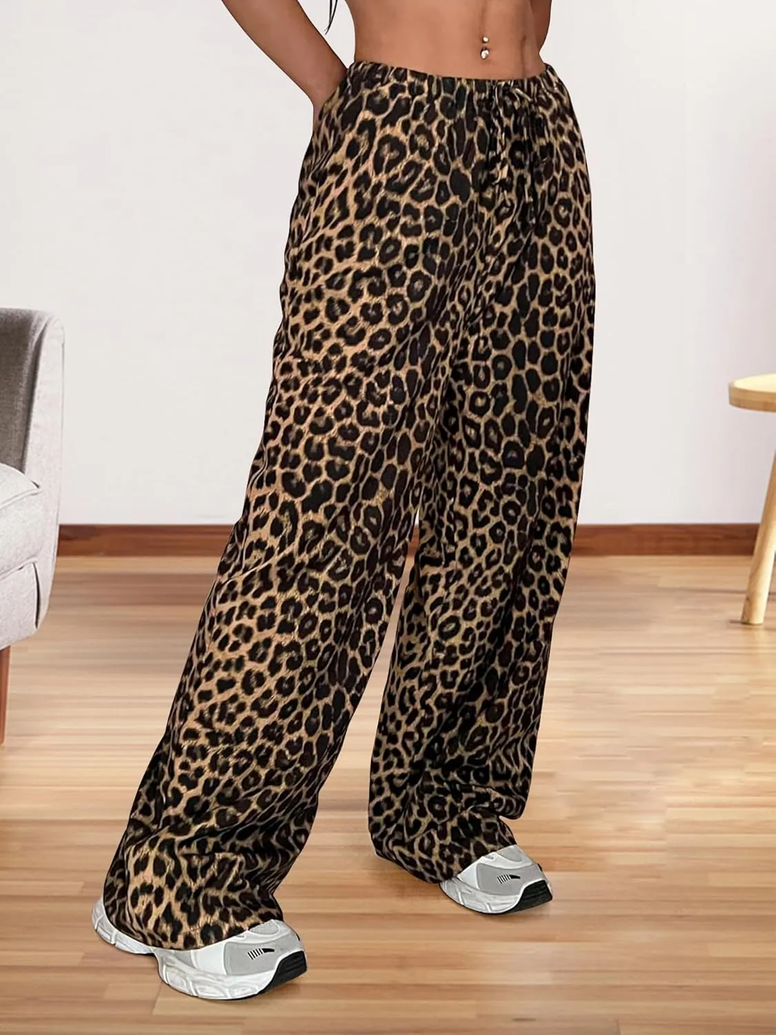 Womens Leopard Print Pants Drawstring Elastic Waist Straight Leg Lounge Pants Y2K Cheetah Pajama Trousers with Pockets