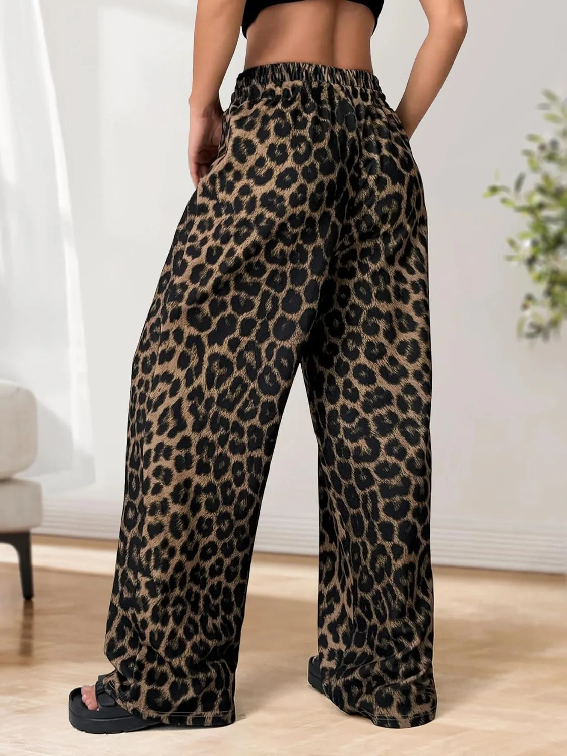 Womens Leopard Print Pants Drawstring Elastic Waist Straight Leg Lounge Pants Y2K Cheetah Pajama Trousers with Pockets