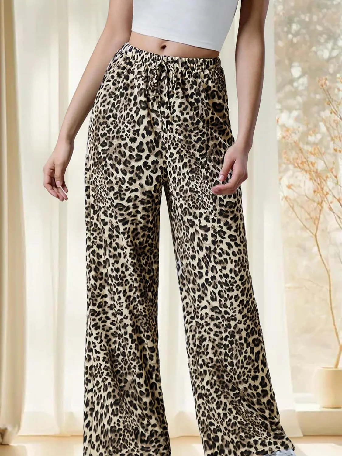 Womens Leopard Print Pants Drawstring Elastic Waist Straight Leg Lounge Pants Y2K Cheetah Pajama Trousers with Pockets
