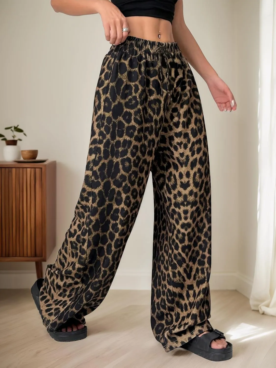 Womens Leopard Print Pants Drawstring Elastic Waist Straight Leg Lounge Pants Y2K Cheetah Pajama Trousers with Pockets