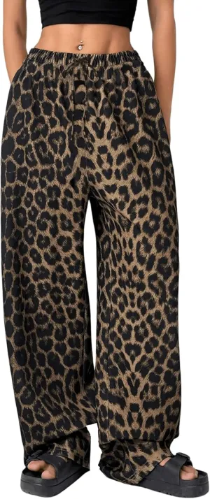 Womens Leopard Print Pants Drawstring Elastic Waist Straight Leg Lounge Pants Y2K Cheetah Pajama Trousers with Pockets