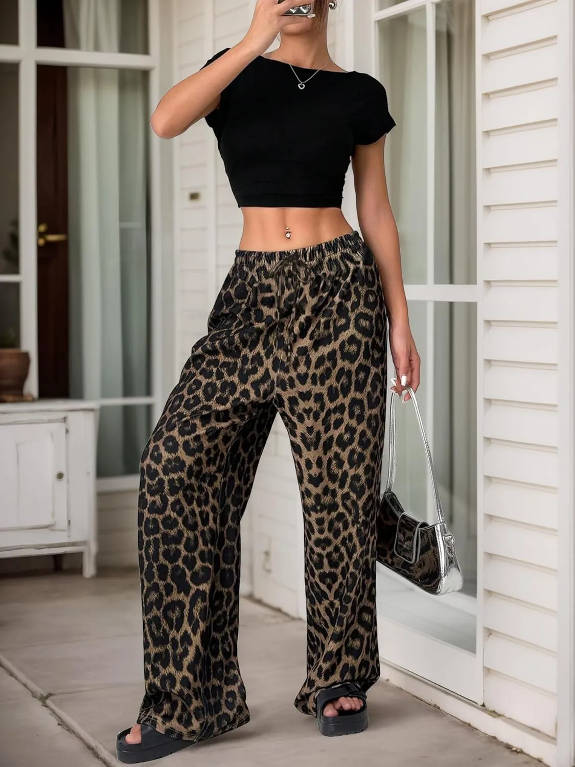 Womens Leopard Print Pants Drawstring Elastic Waist Straight Leg Lounge Pants Y2K Cheetah Pajama Trousers with Pockets