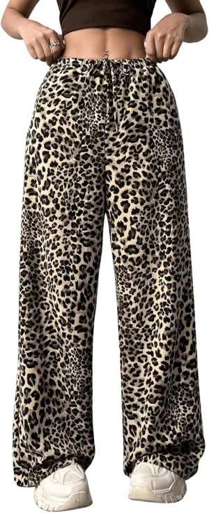 Womens Leopard Print Pants Drawstring Elastic Waist Straight Leg Lounge Pants Y2K Cheetah Pajama Trousers with Pockets