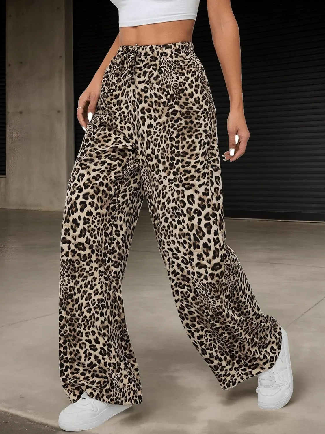 Womens Leopard Print Pants Drawstring Elastic Waist Straight Leg Lounge Pants Y2K Cheetah Pajama Trousers with Pockets