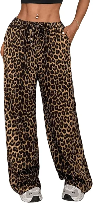 Womens Leopard Print Pants Drawstring Elastic Waist Straight Leg Lounge Pants Y2K Cheetah Pajama Trousers with Pockets