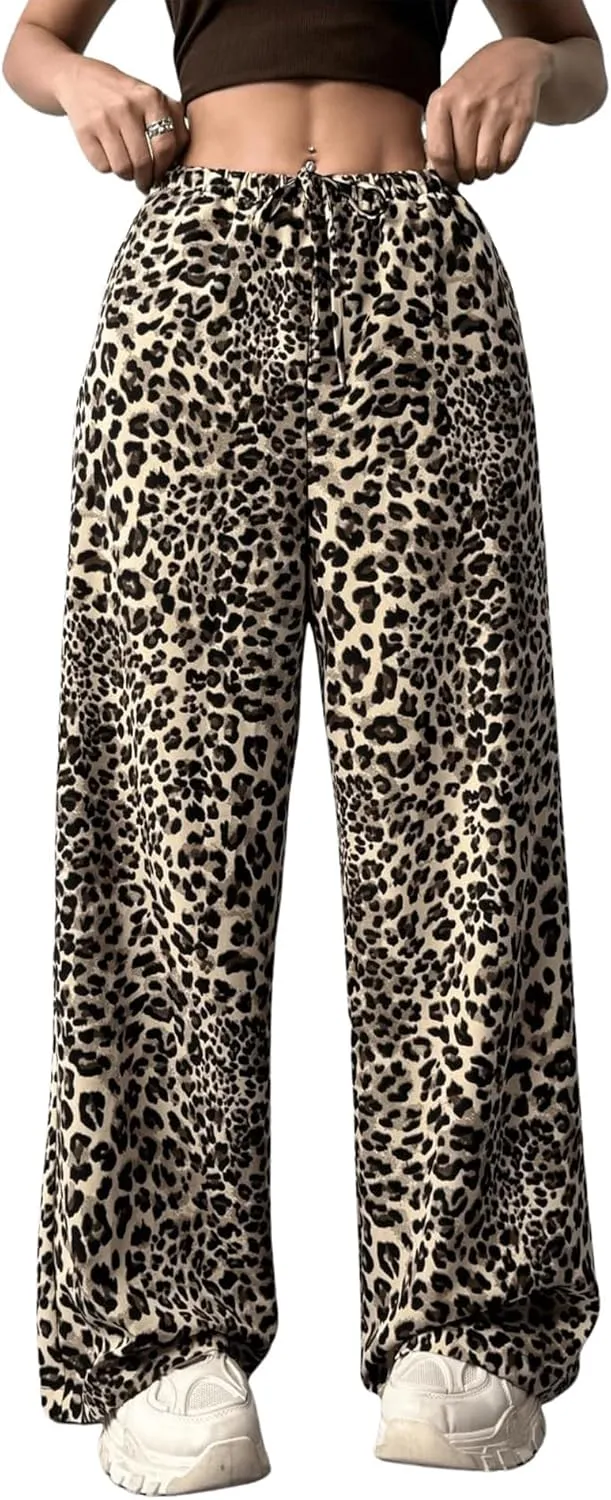Womens Leopard Print Pants Drawstring Elastic Waist Straight Leg Lounge Pants Y2K Cheetah Pajama Trousers with Pockets